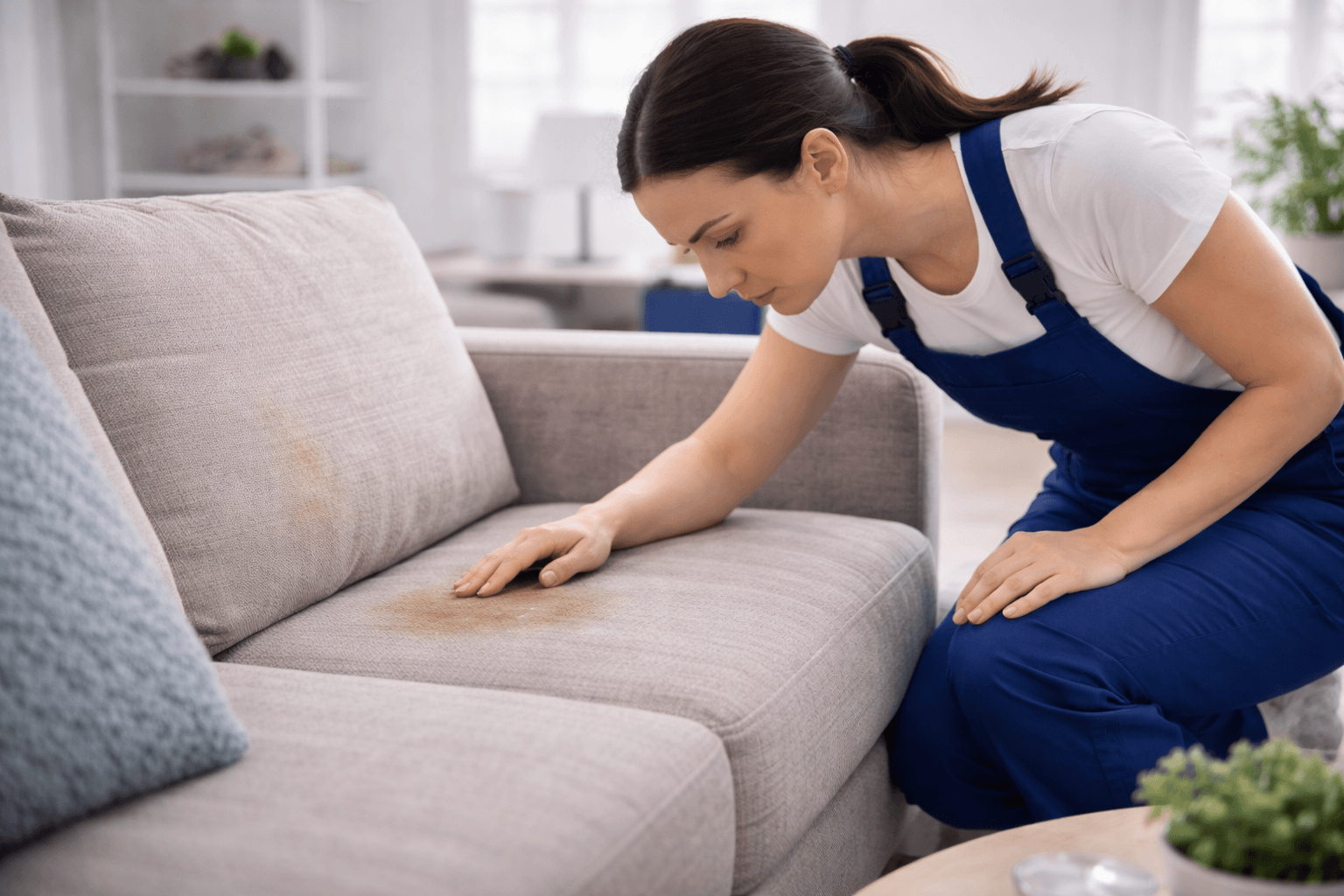 Upholstery cleaning technician inspecting sofa in Lethbridge